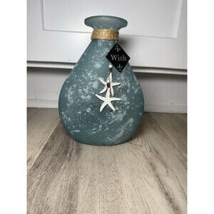 Coastal Aqua Frosted Glass Vase Starfish Wish Charm Beach Nautical Decor 7”